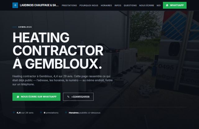 Page d’accueil du site de Lardinois Chauffage & Sanitaire SRL