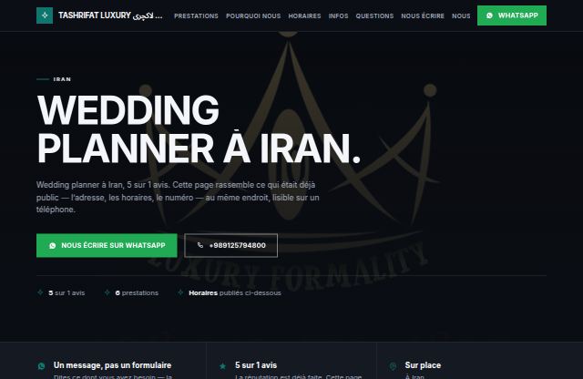 Page d’accueil du site de Tashrifat Luxury تشریفات لاکچری